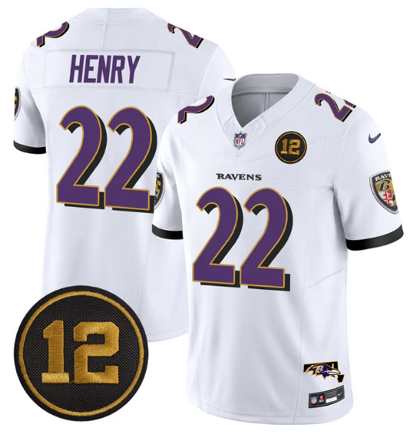 Men's Baltimore Ravens #22 Derrick Henry White 2025 F.U.S.E. Jacoby Jones Patch Vapor Limited Football Jersey